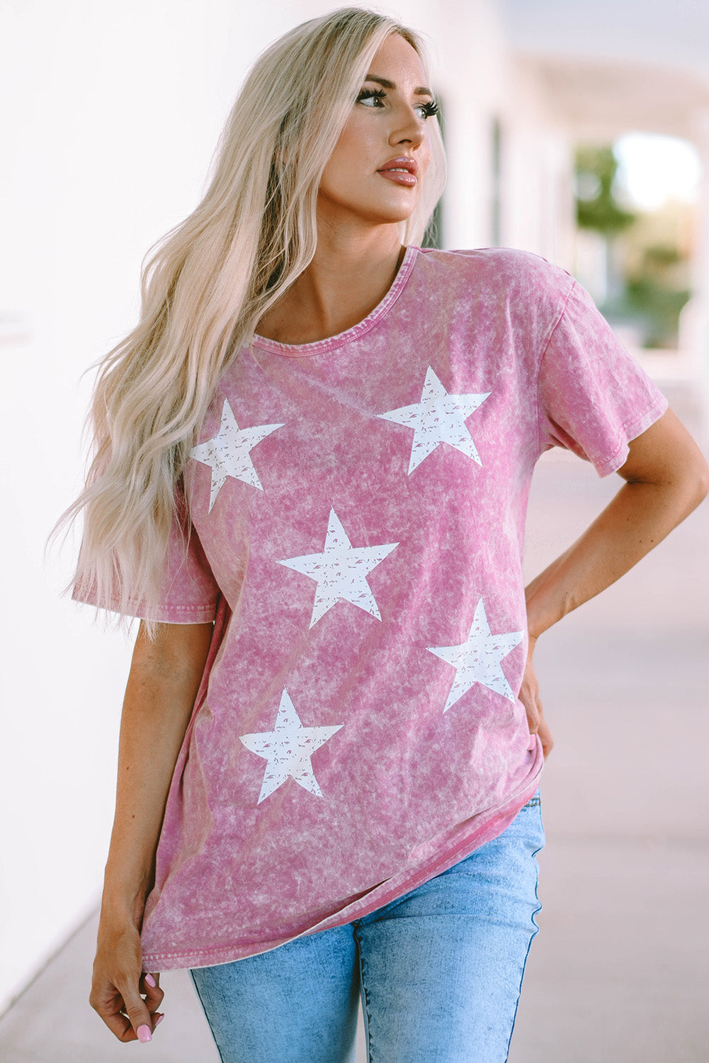 Pink Vintage Star Printed Mineral Wash Graphic Tee