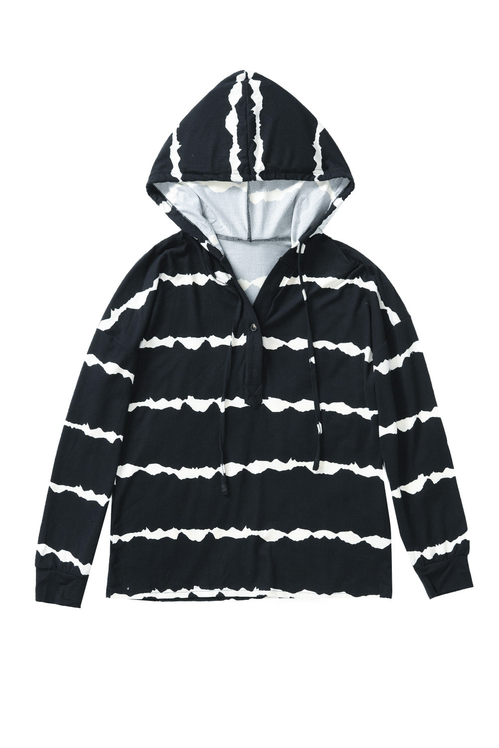 White Striped Drawstring Button Long Sleeve Hoodie