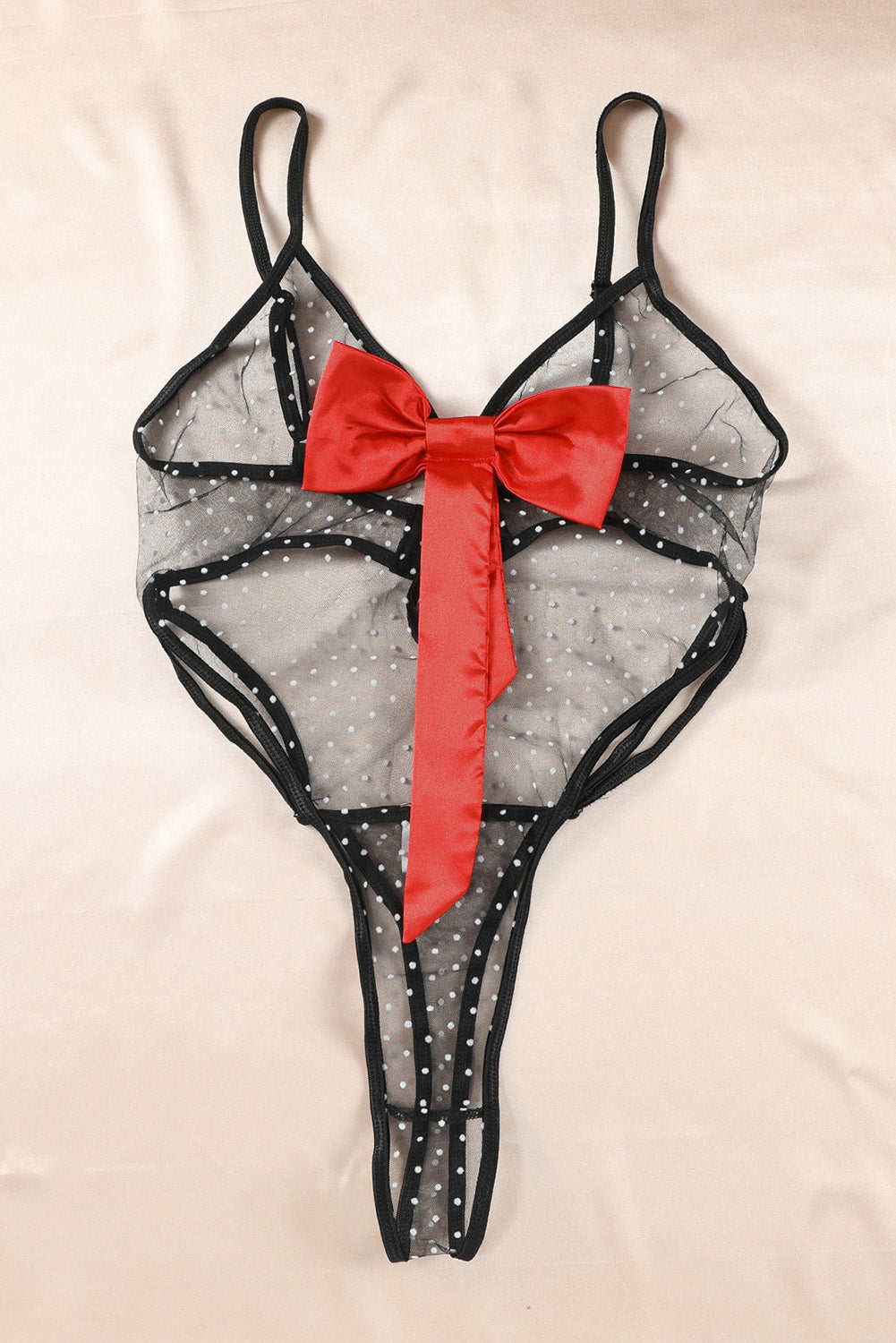 Black Bow Knot Polka Dot See-through Teddy Lingerie