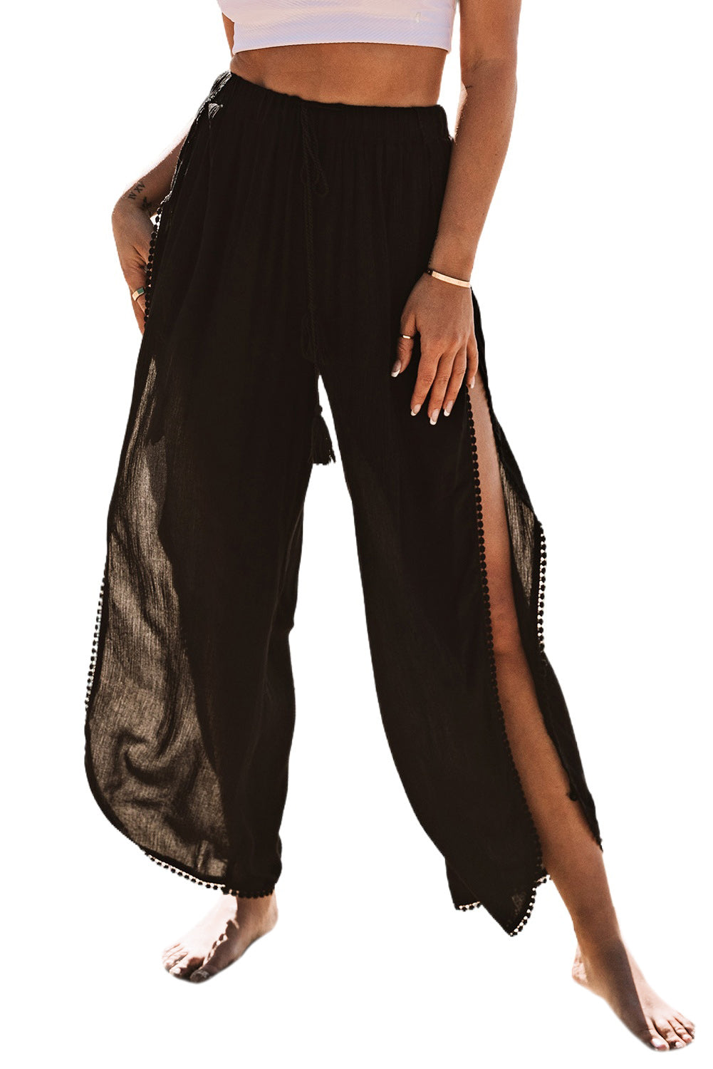 Black Lace Trim Along Split Leg Beach Cover up Pants