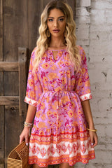 Red 3/4 Sleeve Boho Floral Belted Mini Dress