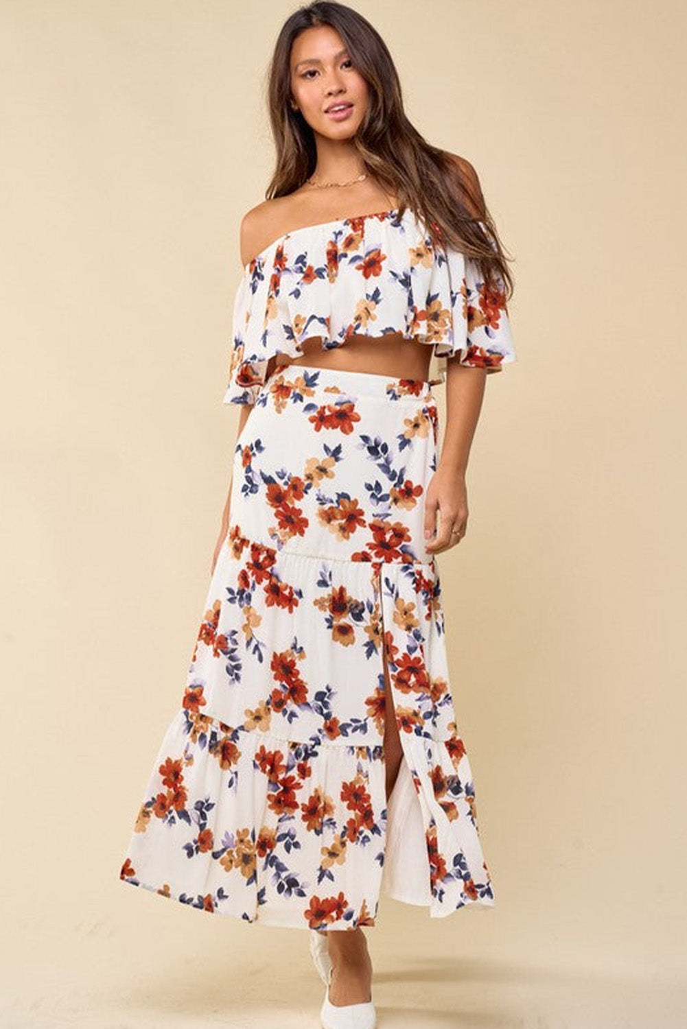 White Floral Print Off-shoulder Crop Top and Maxi Skirt Set