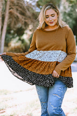 Brown Plus Size Knit Dotted Print Tiered Top with Ruffle