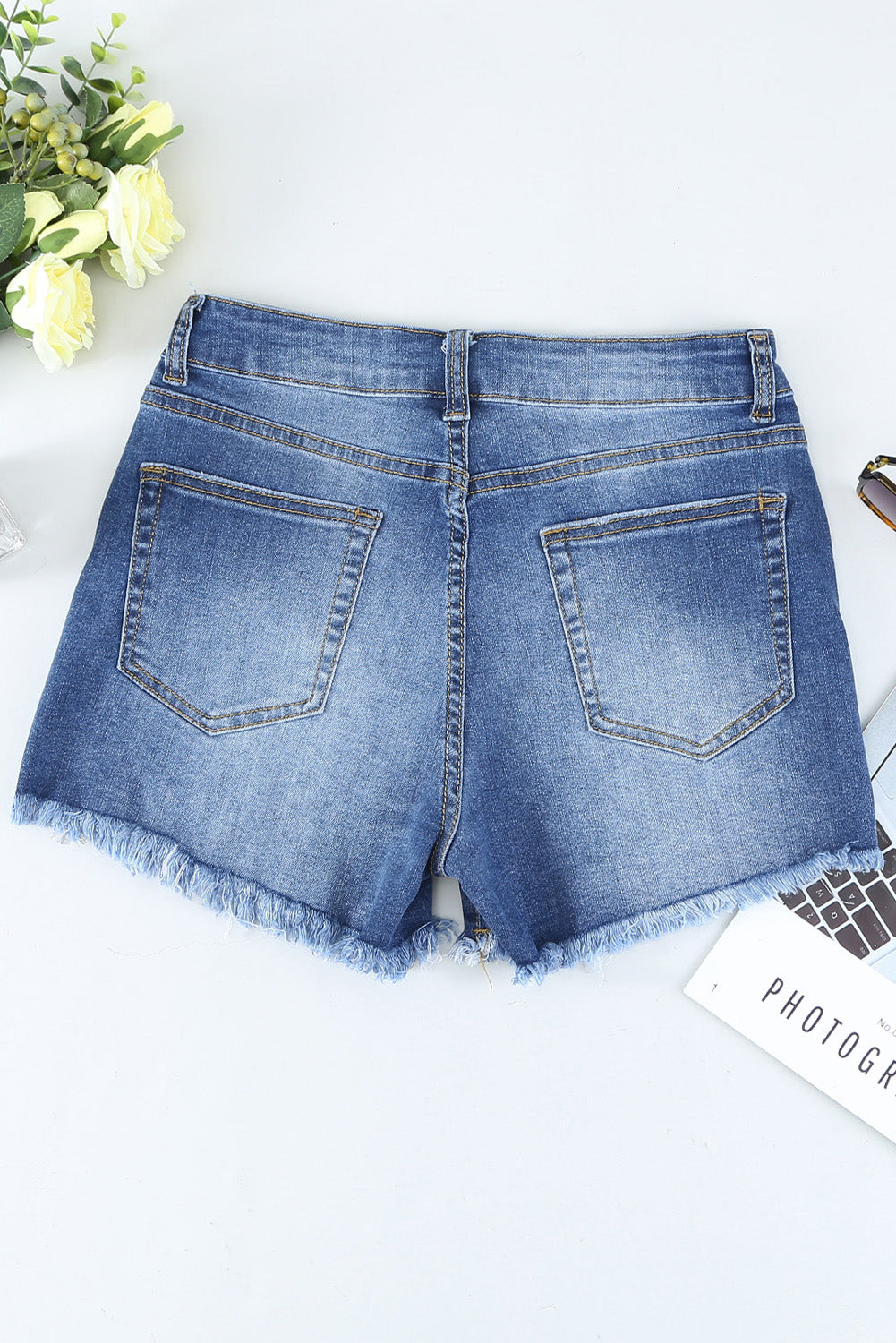Blue Raw Hem Distressed High Rise Denim Shorts