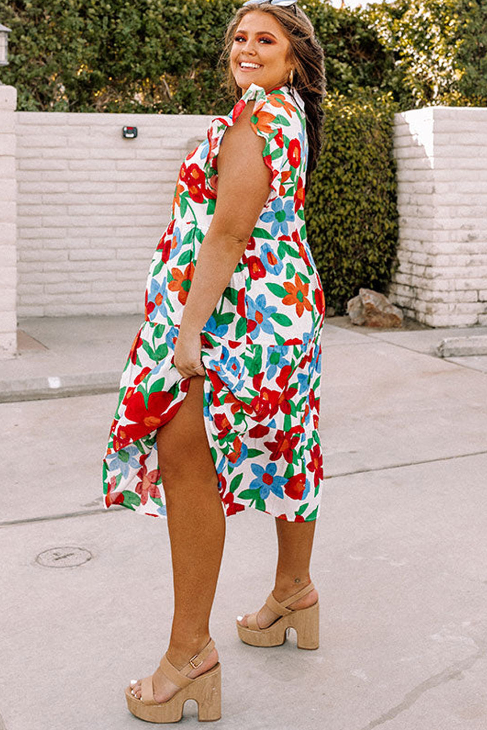 Multicolor Flutter Sleeve V Neck High Waist Floral Midi Dress