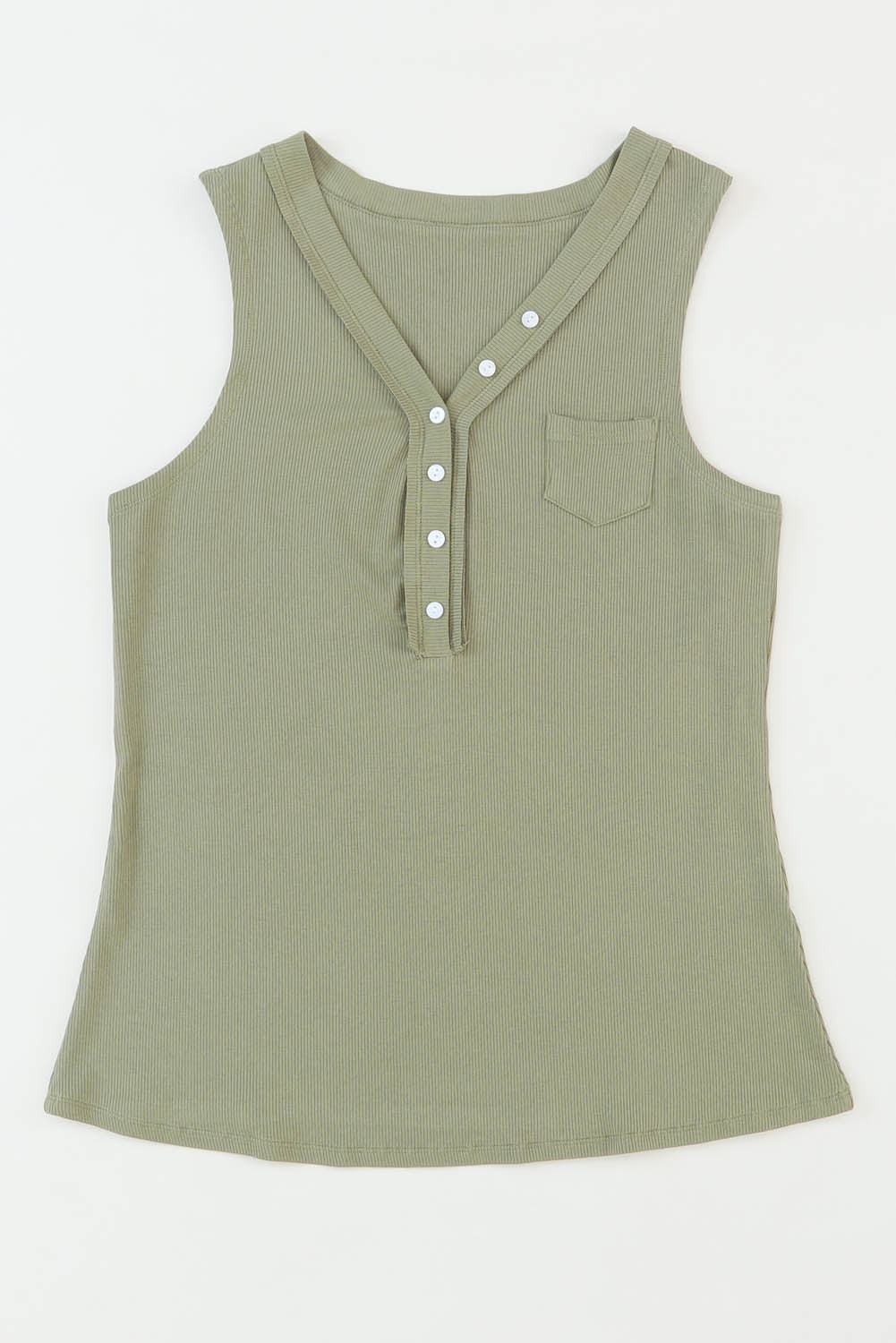 Green Ribbed Knit Buttoned Henley V Neck Tank Top