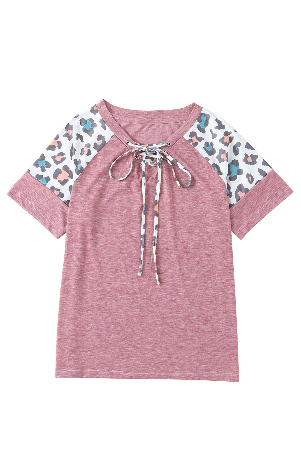 Pink Lace up Leopard Sleeve T Shirt