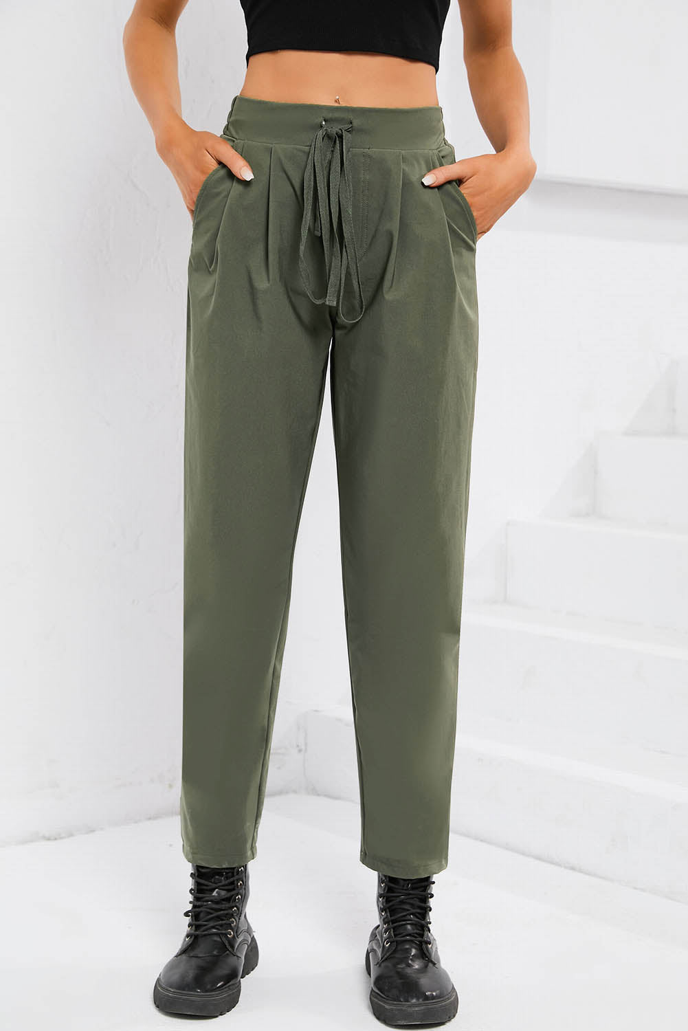 Green Casual Elastic Drawstring Waist Pants