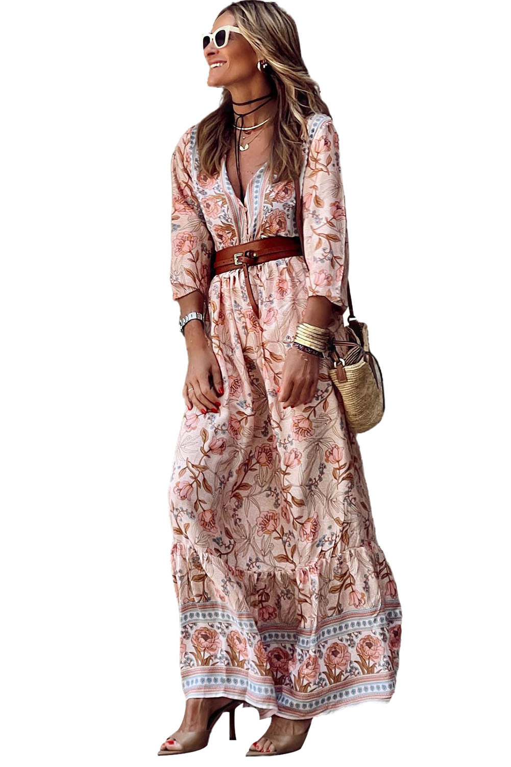 Pink Bohemian Floral Sexy V Neck Ruffle Maxi Dress