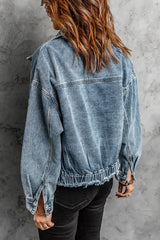 Sky Blue Elastic Hemline Acid Wash Denim Jacket