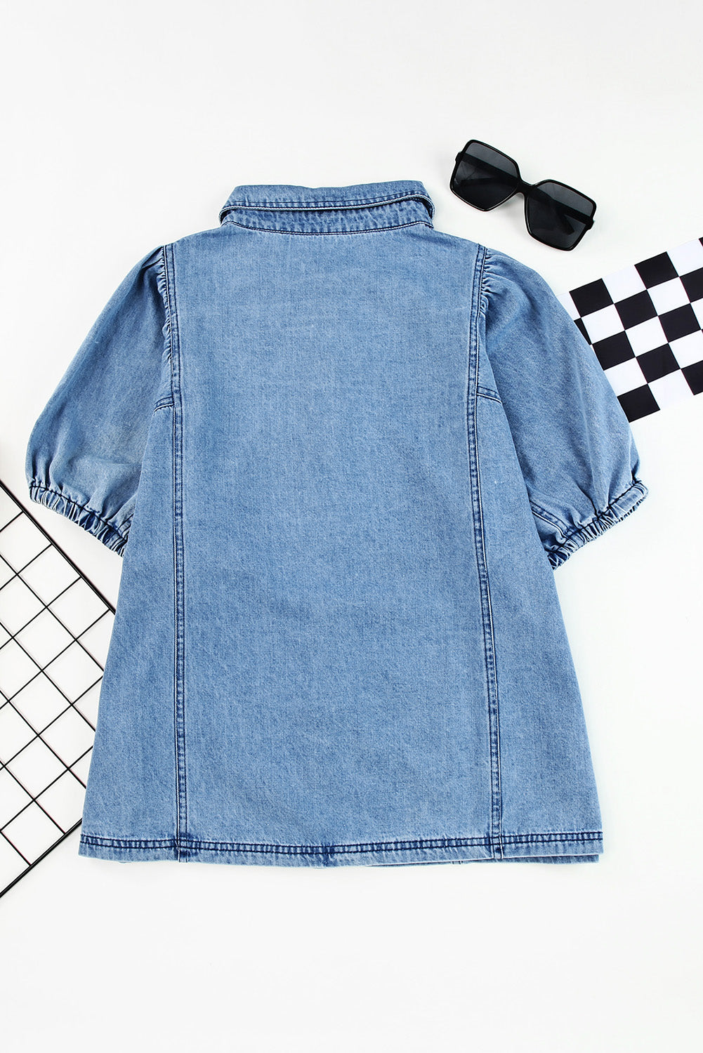 Sky Blue Short Bubble Sleeve Snap Button Denim Shirt