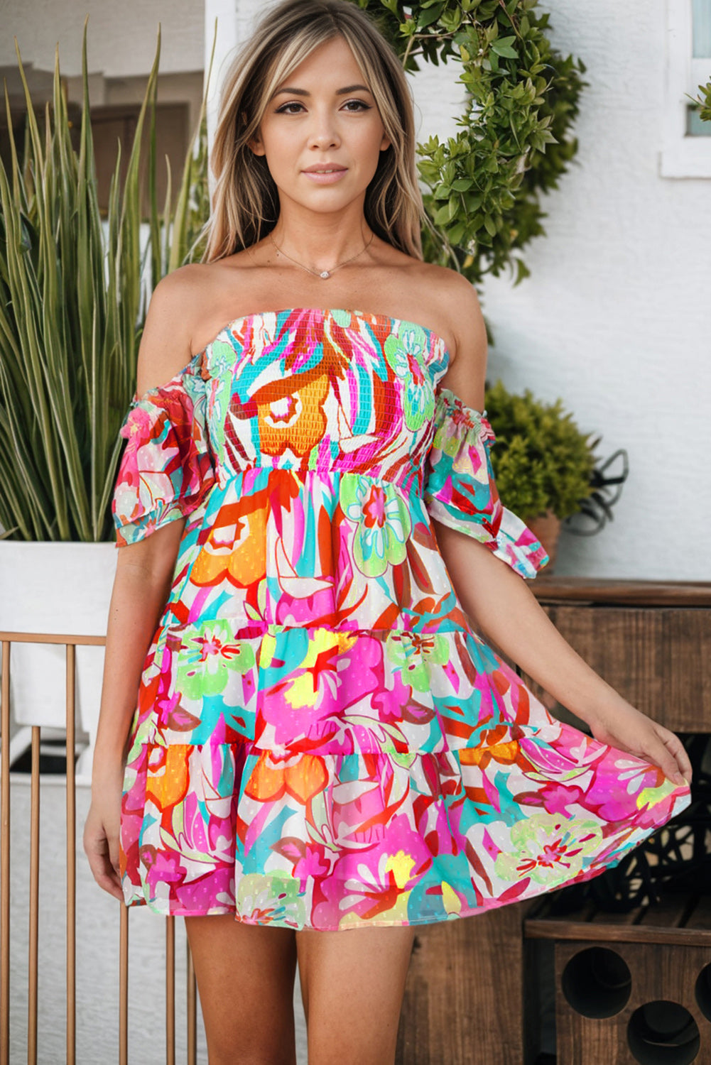 Multicolor Boho Off-shoulder Smocked Tiered Floral Dress