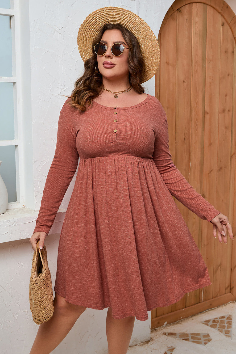 Red Plus Size Mineral Washed Ribbed Henley Dress