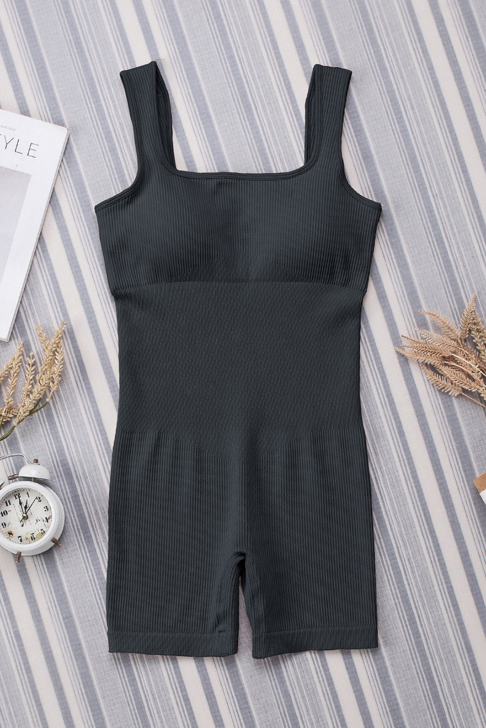 Black Ribbed Square Neck Padded Sports Romper