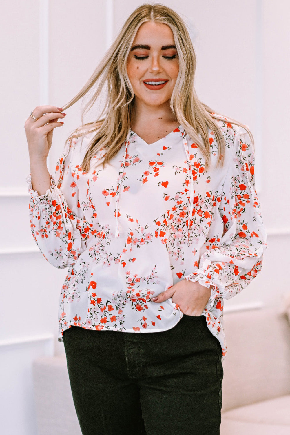 White Split V Neck Floral Plus Size Blouse with Ruffles