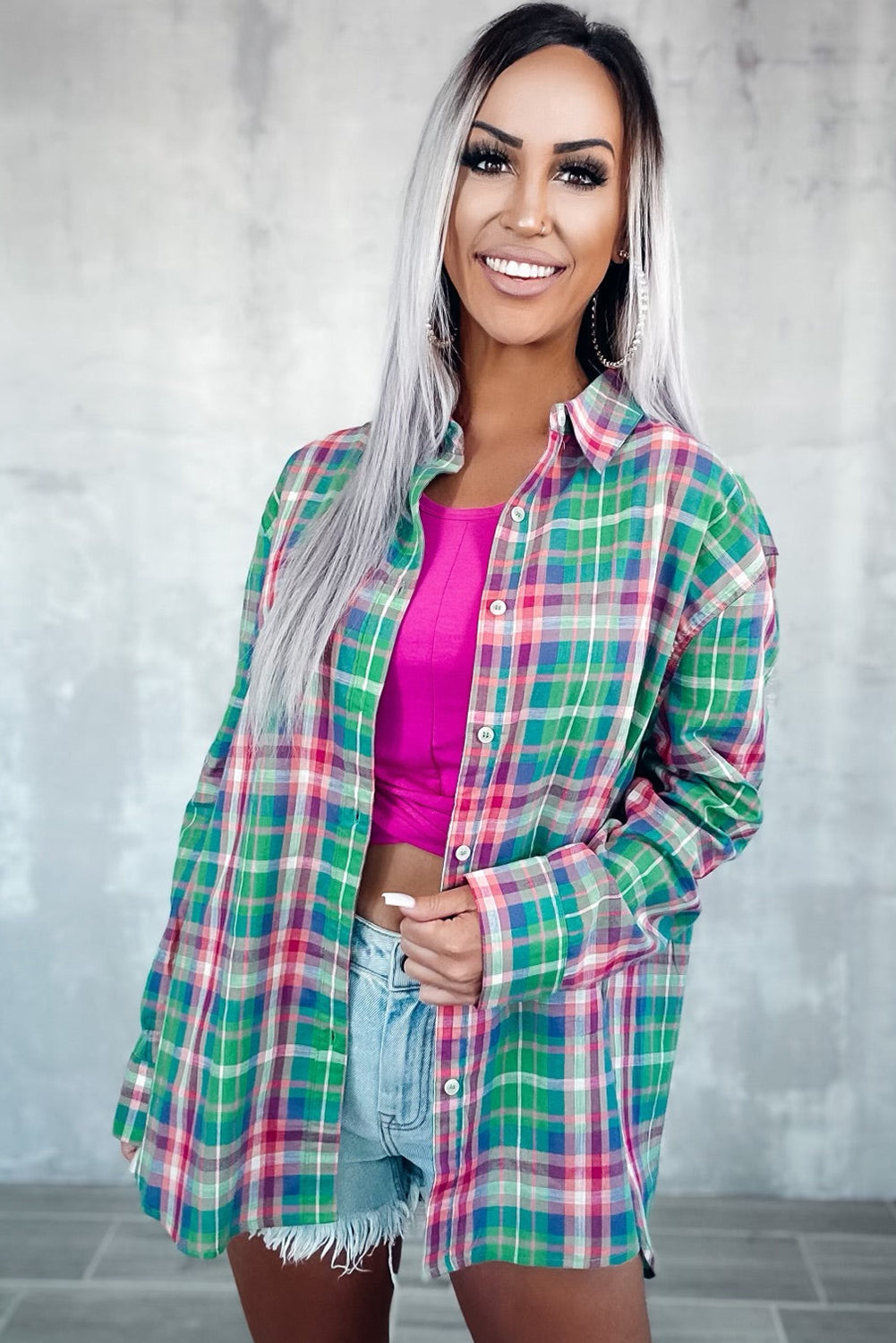 Green Plaid Long Sleeve Button Down Split Shirt