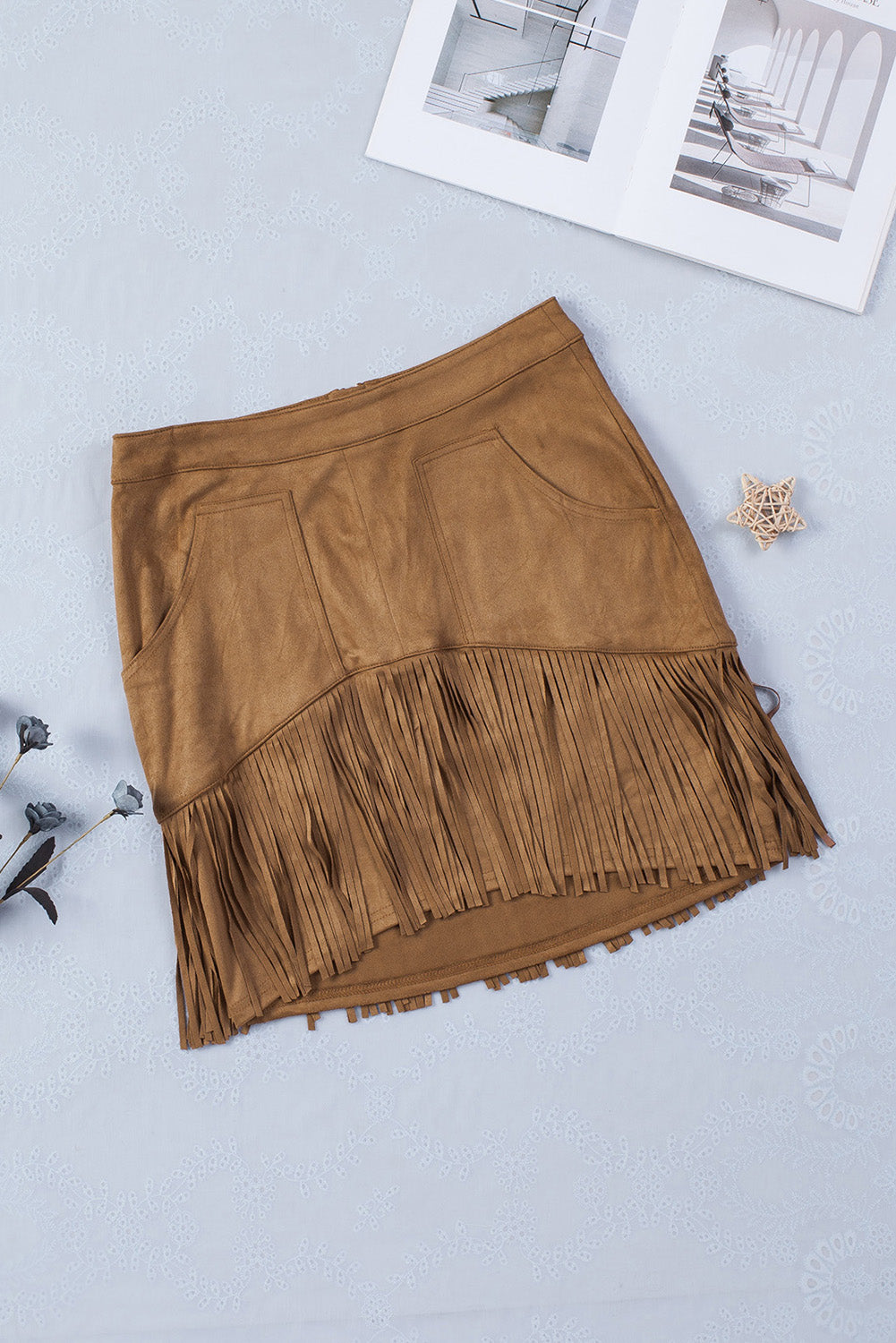 Brown Tassel Zipped Pockets High Waist Mini Skirt