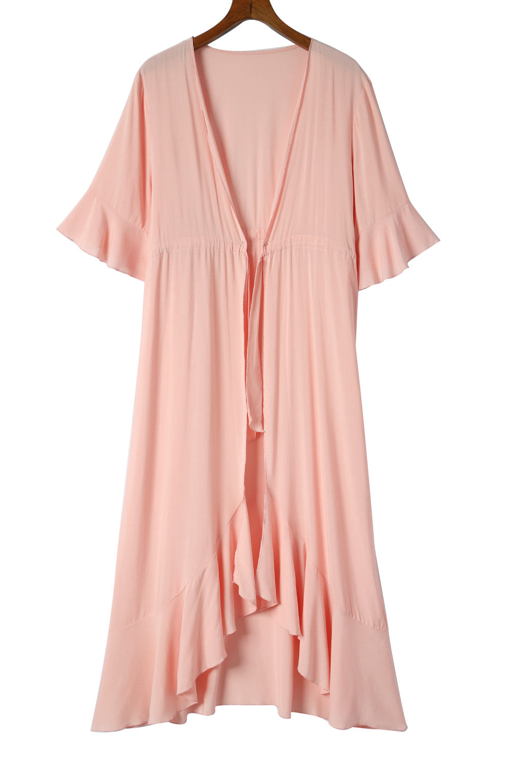 Pink Ruffle Half Sleeve Tie Front Flowy Beach Cover Up