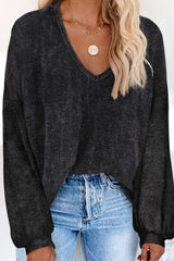 Gray Waffle Knit V Neck Long Sleeve Loose Tunic Top