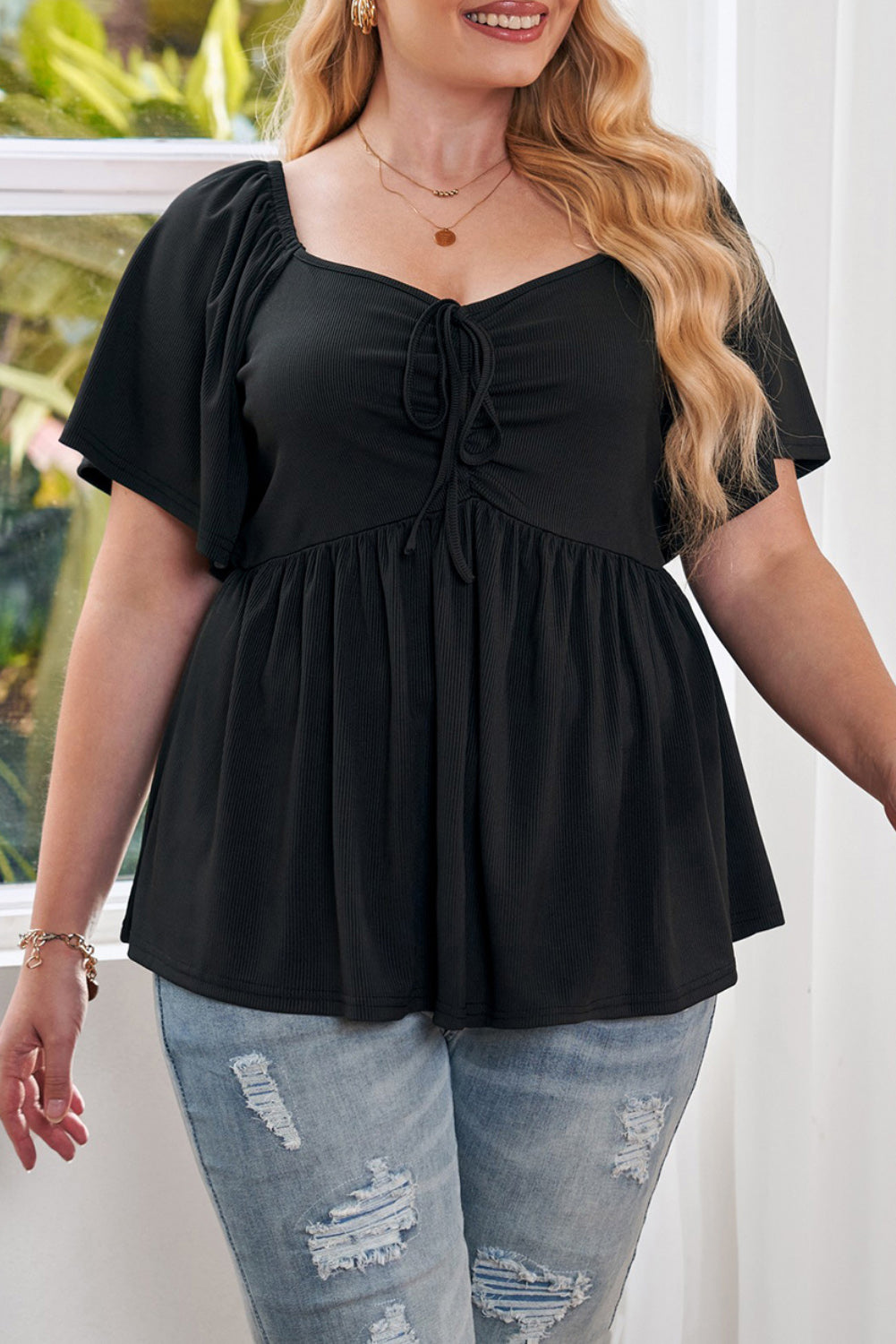 Black Plus Size Ruched Front Babydoll Top