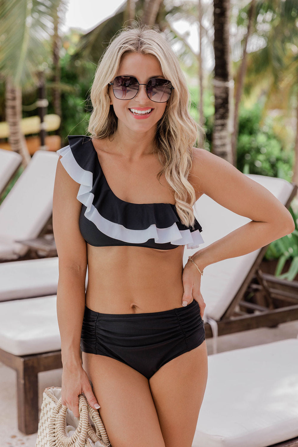 Black Color Block Flounce Ruched One Shoulder Bikini