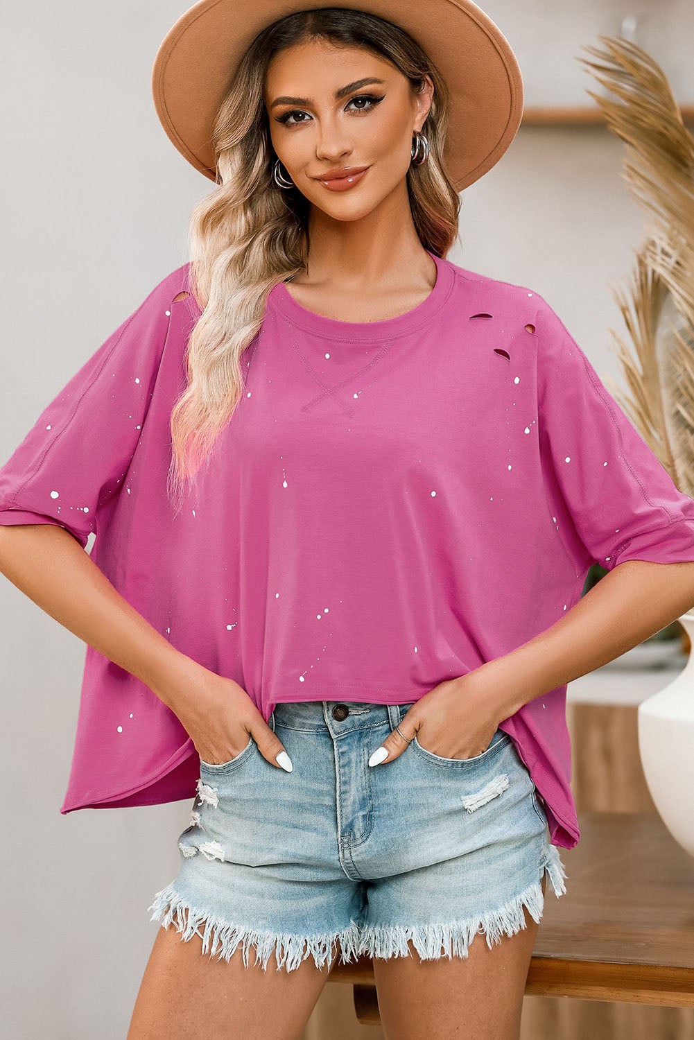 Pink Distressed Bleached Asymmetric Hem Short Sleeve Top