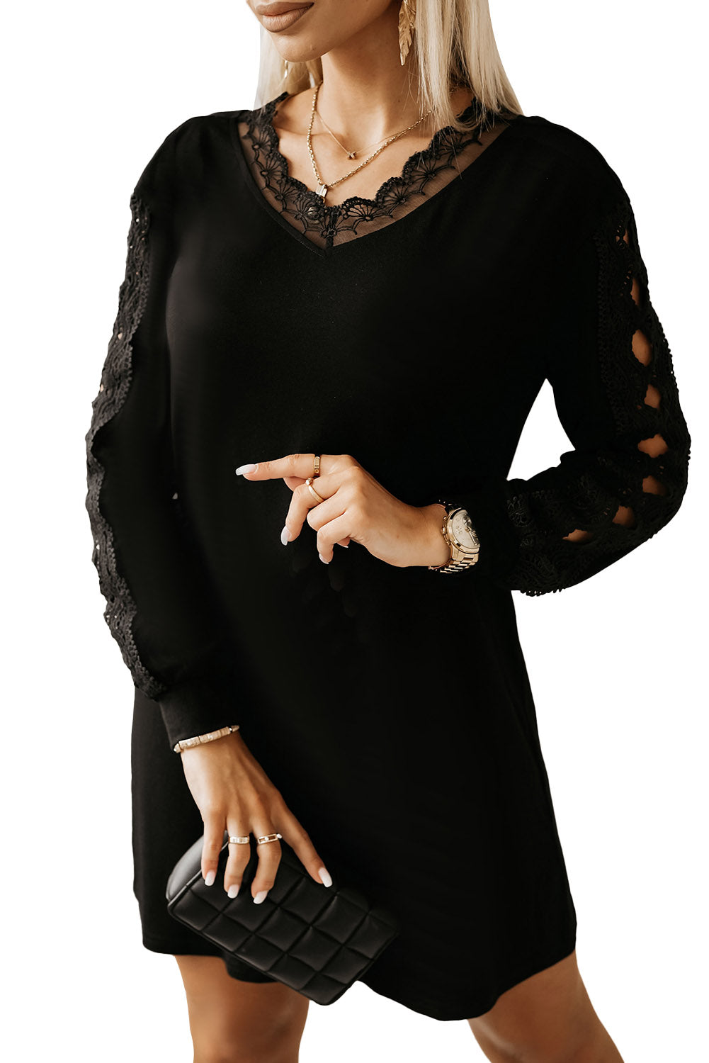 Black Lace Splicing Hollow Out Mini Dress