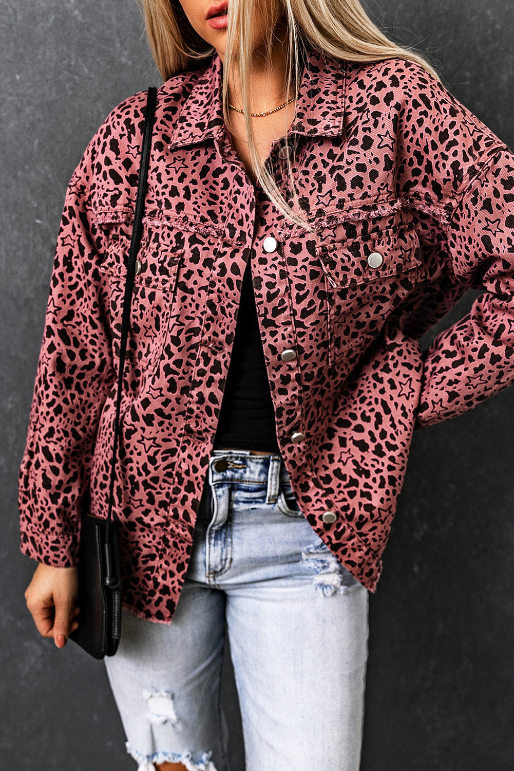 Pink Stars & Animal Spots Print Button Up Denim Shacket