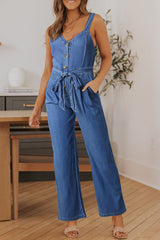 Sky Blue Buttoned Wide Leg Belted Chambray Strappy Jumpsuit