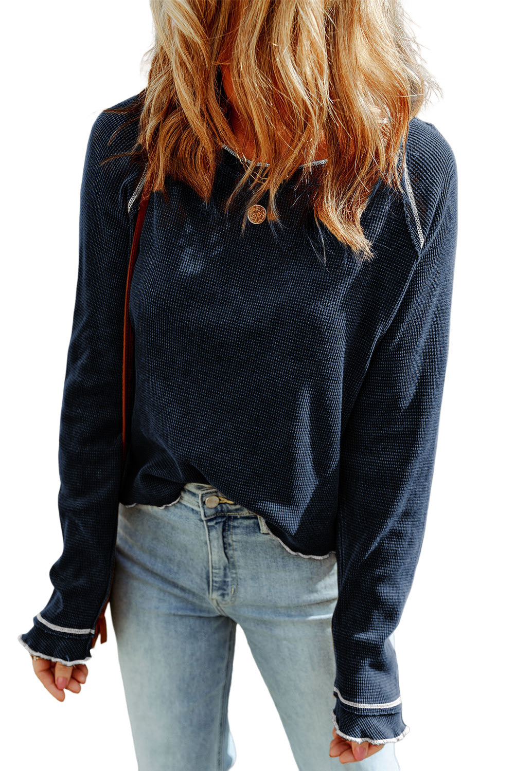 Red Textured Round Neck Long Sleeve Top