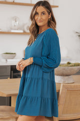 Green Pleated Bubble Sleeves Tiered Ruffle Mini Dress