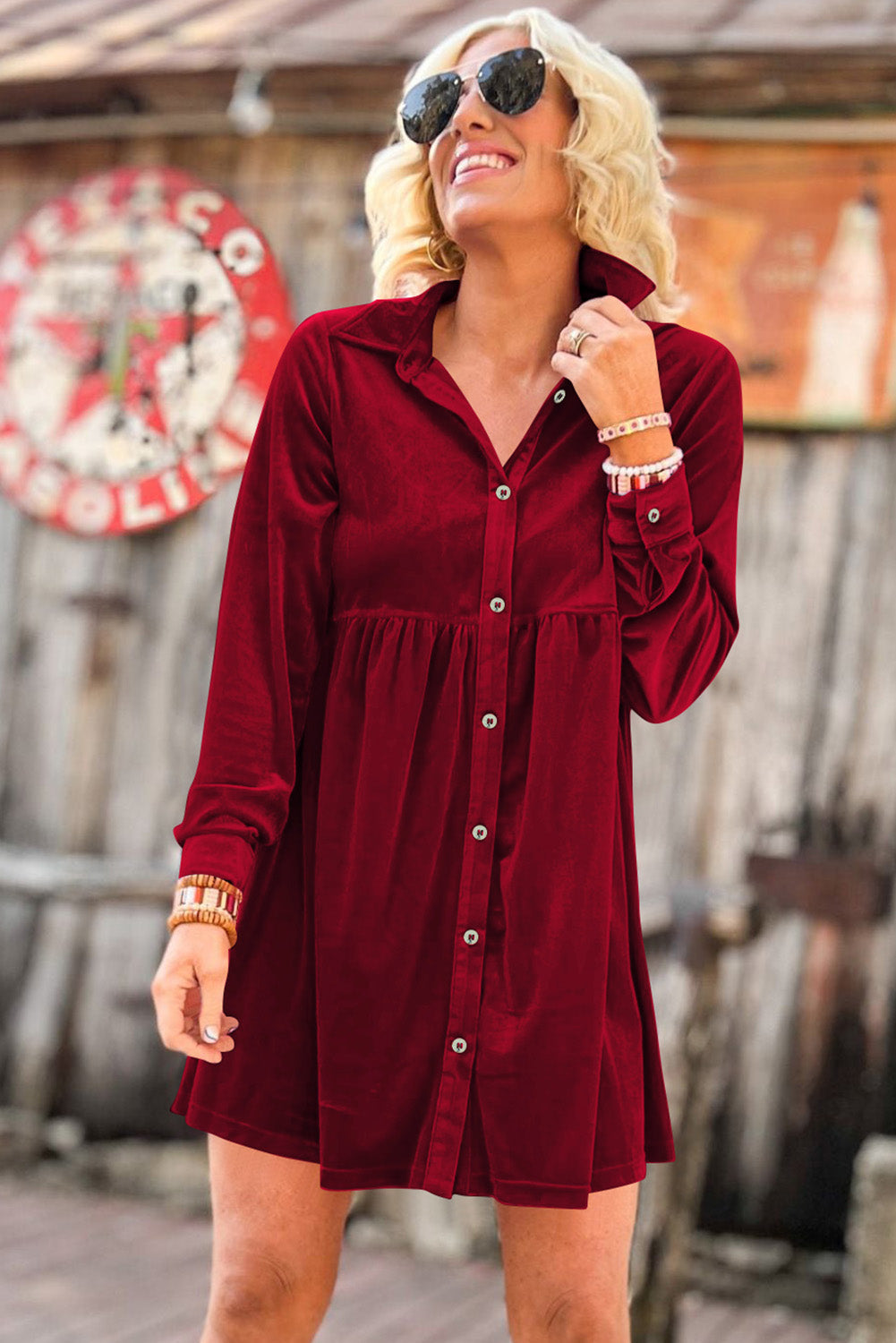 Rose Long Sleeve Ruffle Velvet Button Up Dress