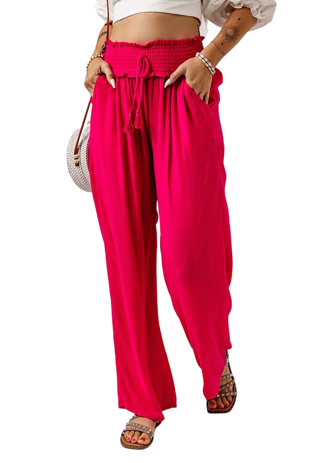 Rose Smocked Elastic Waist Wide Leg Pants