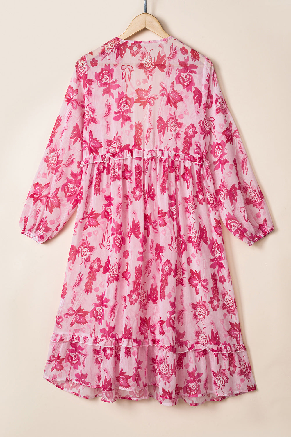 Pink Sweet Floral Print Frill Hem Puff Sleeve Cover Up