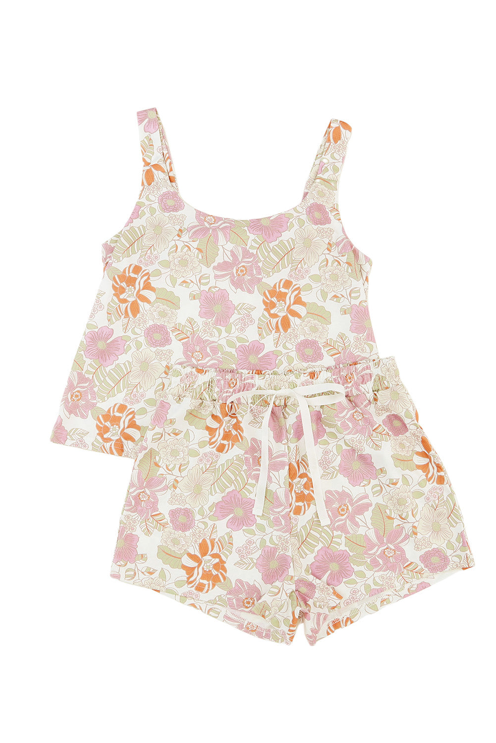 White 2pcs Floral Print Tank Top and Shorts Set