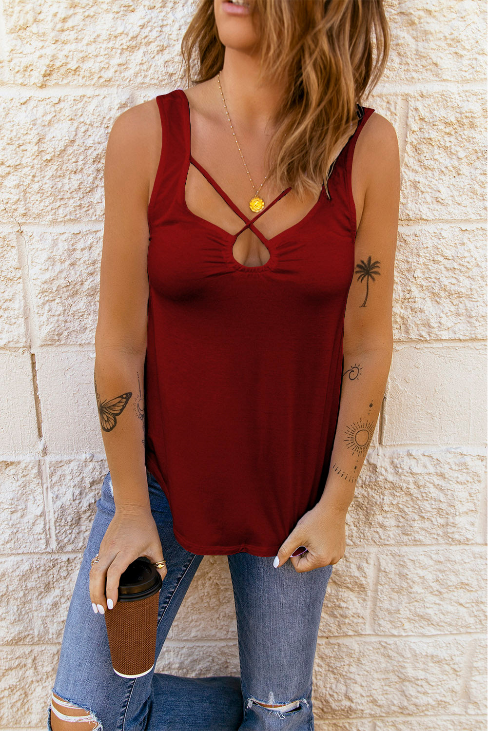 Red Solid Criss Cross Tank Top