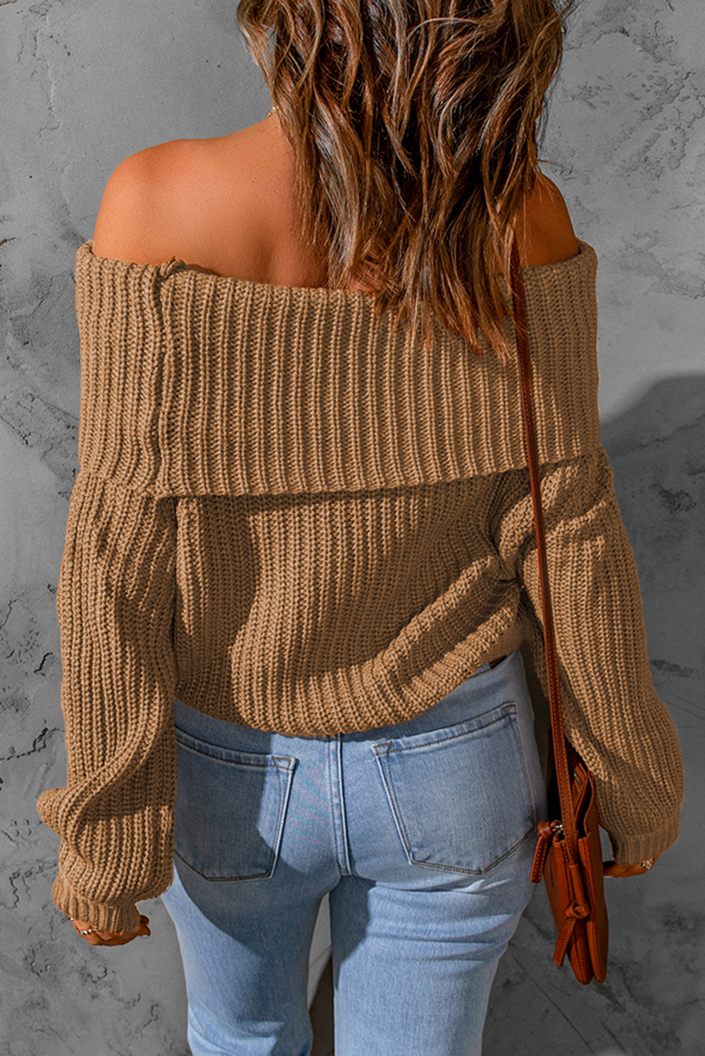 Brown Ribbed Knit Off Shoulder Sweater