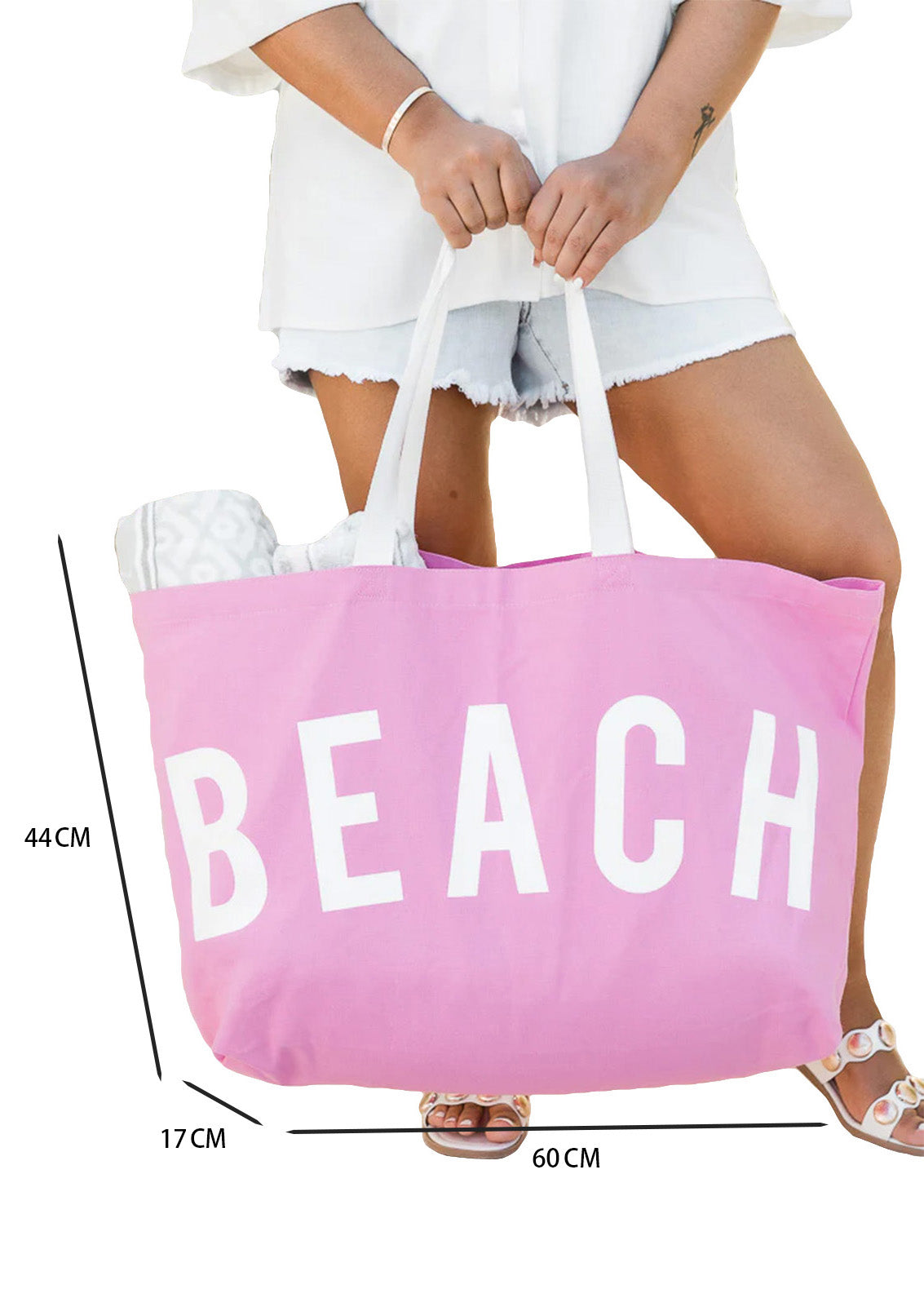 Rose BEACH Letter Print Large Canvas Bag