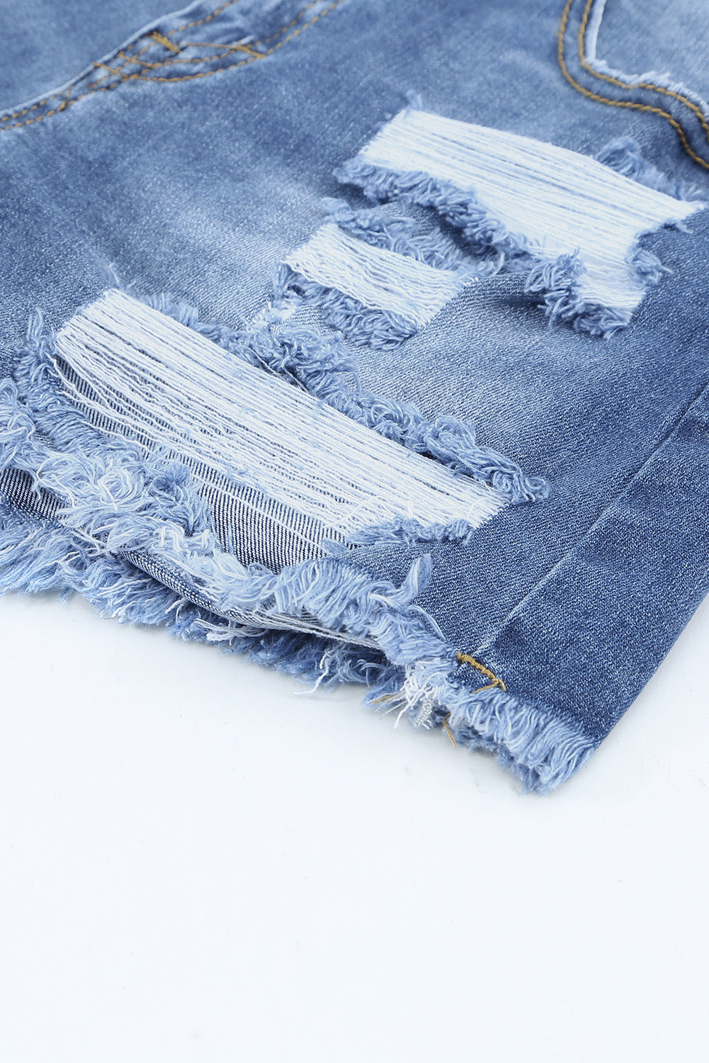 Blue Raw Hem Distressed High Rise Denim Shorts