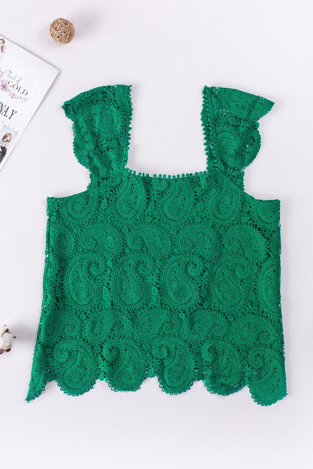 Green Lace Crochet Ruffled Square Neck Tank Top