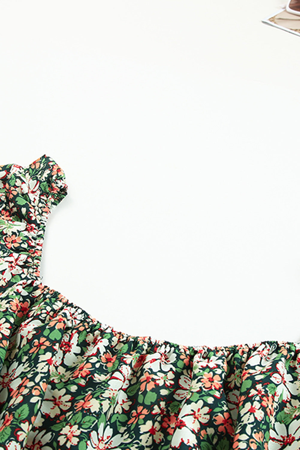 Green Square Neck Floral Plus Size Peplum Top