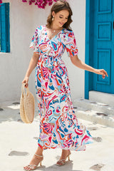 Multicolor Abstract Printed Wrap V Neck Belted Maxi Dress