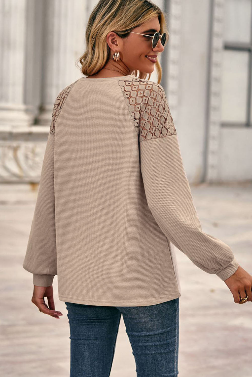 Khaki Lace Shoulder Patch Waffle Knit Long Sleeve Top