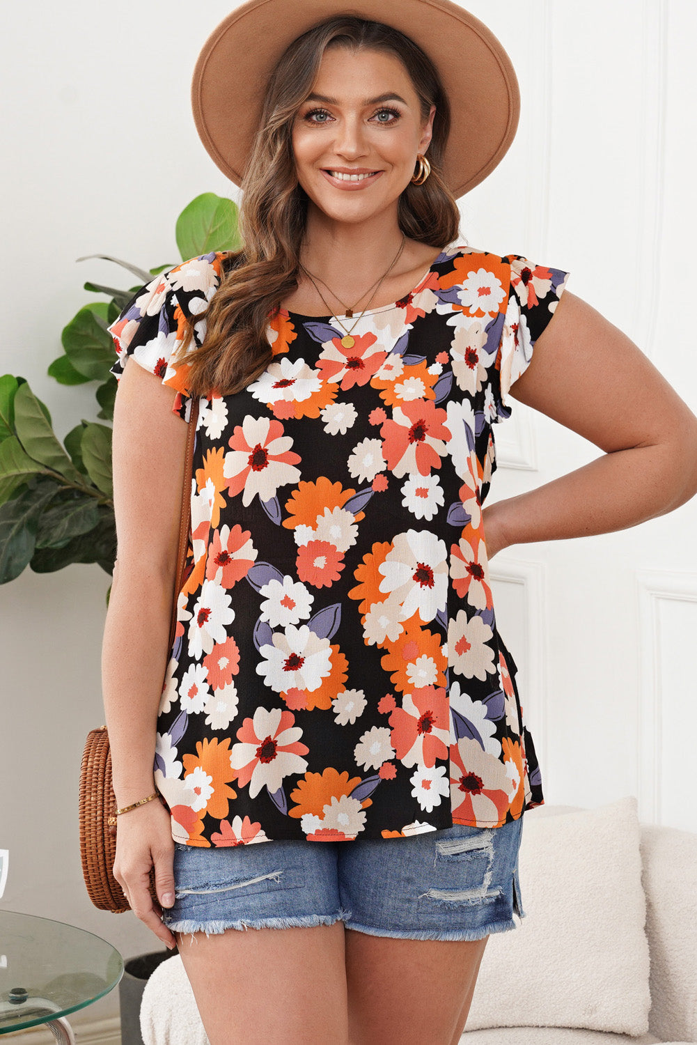 Multicolor Ruffle Sleeve Floral Plus Size Top