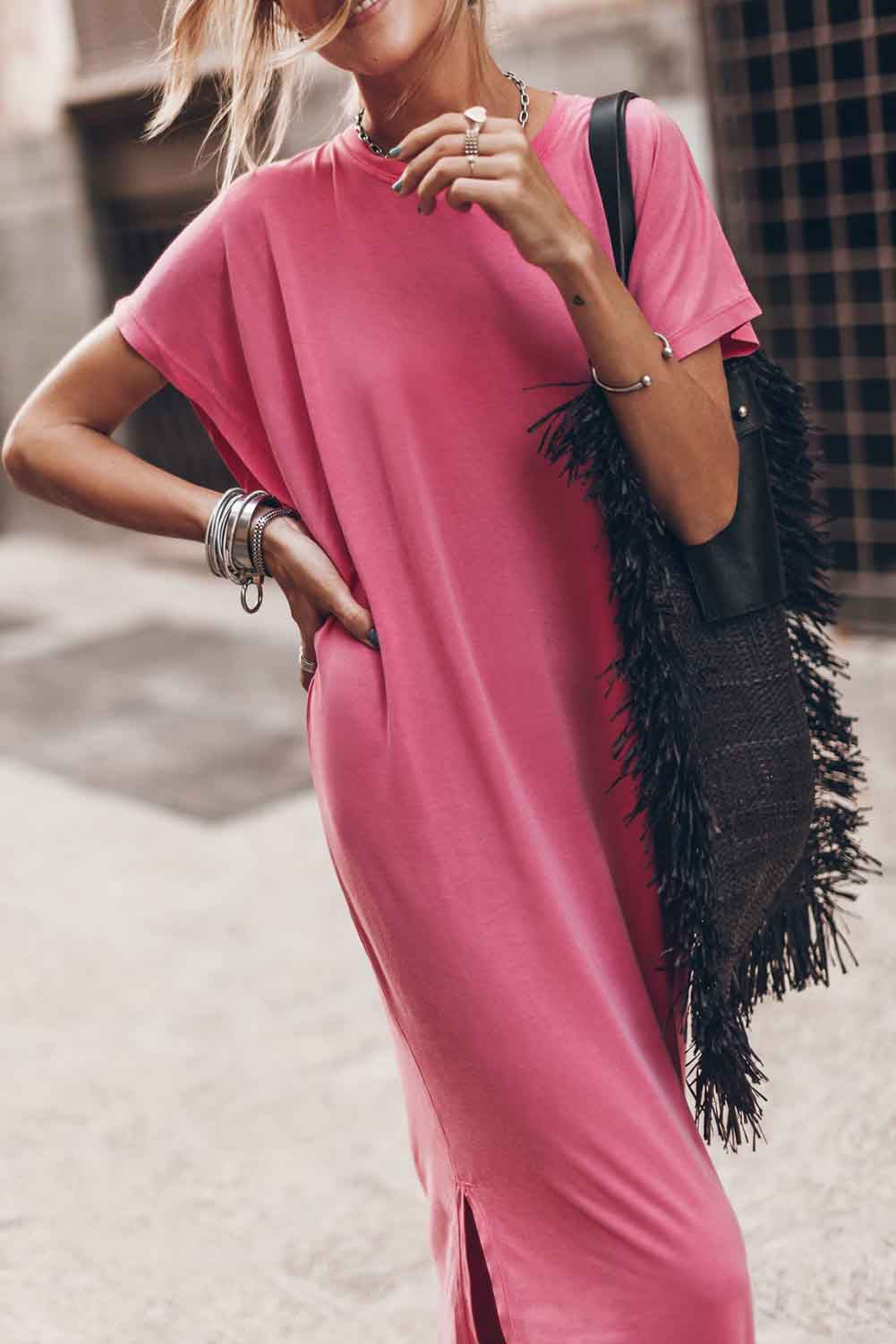 Pink Crew Neck Bat Sleeve Maxi T-shirt Dress