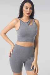 Gray Cut Out Criss Cross Yoga Top and High Waist Sports Shorts Set