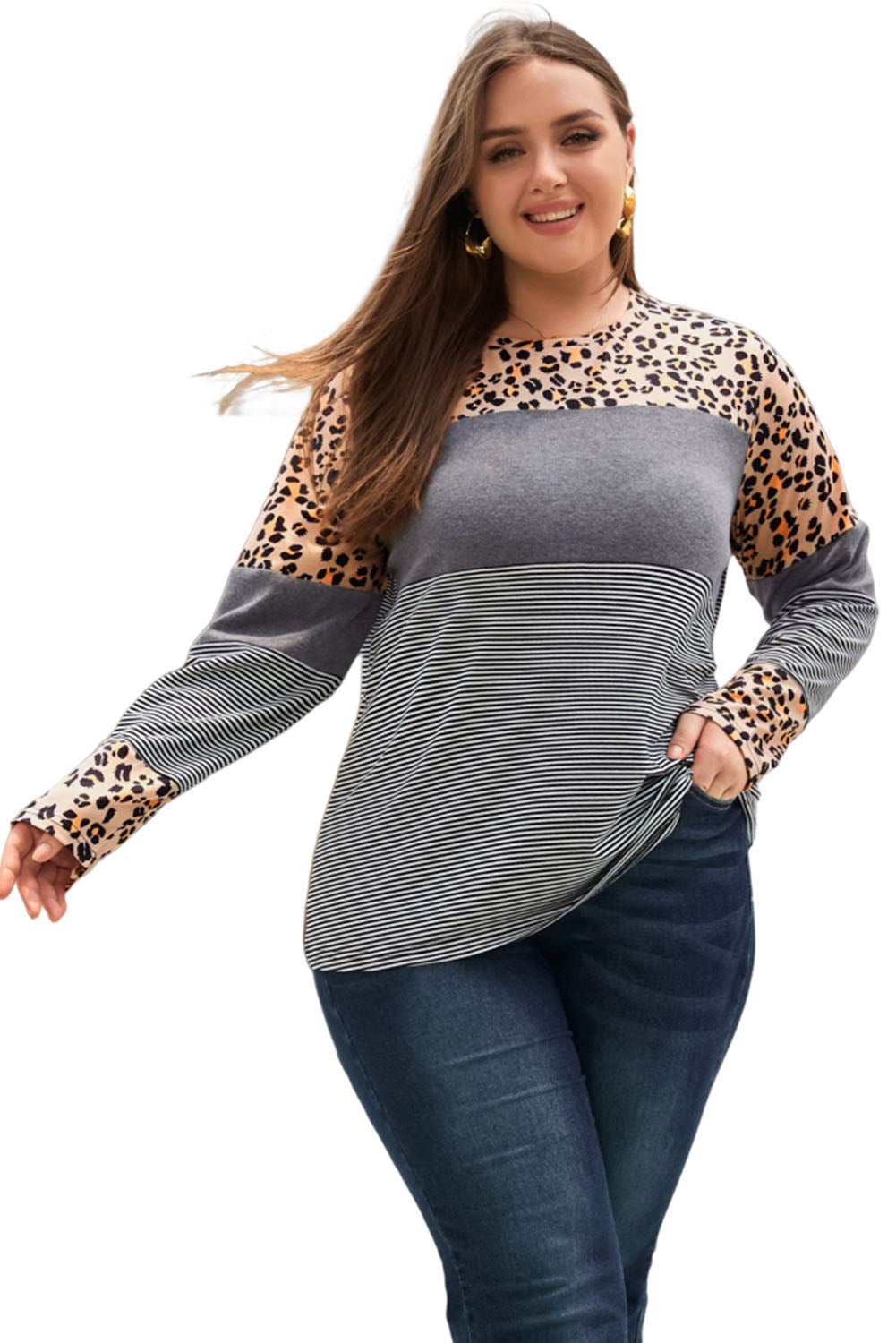 Leopard Plus Size Cow/Leopard Stripes Patchwork Long Sleeve Tee