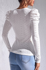 White Jacquard Textured Puff Sleeve O-Neck Top