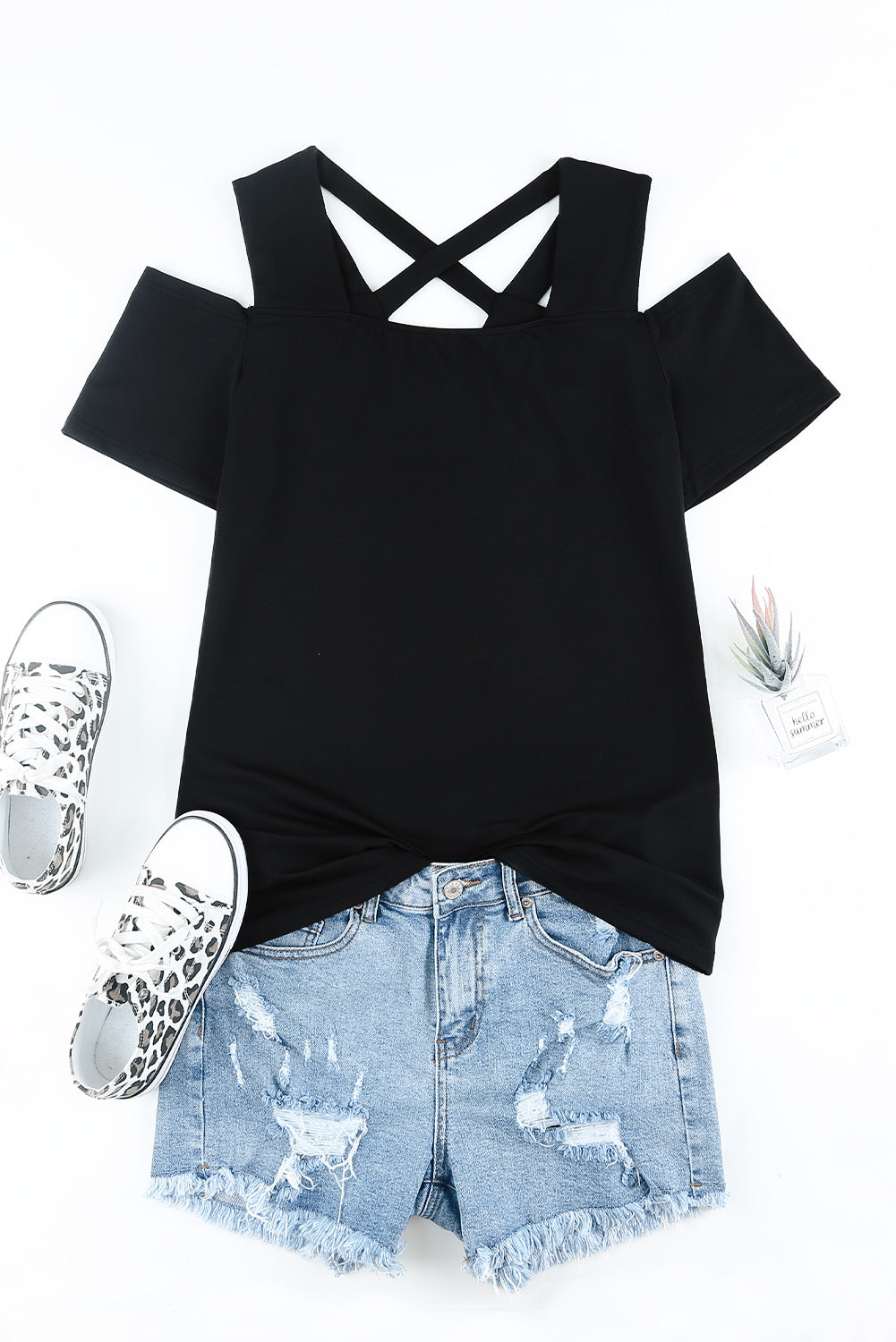 Black Criss-Cross Cut Out Short Sleeve Top