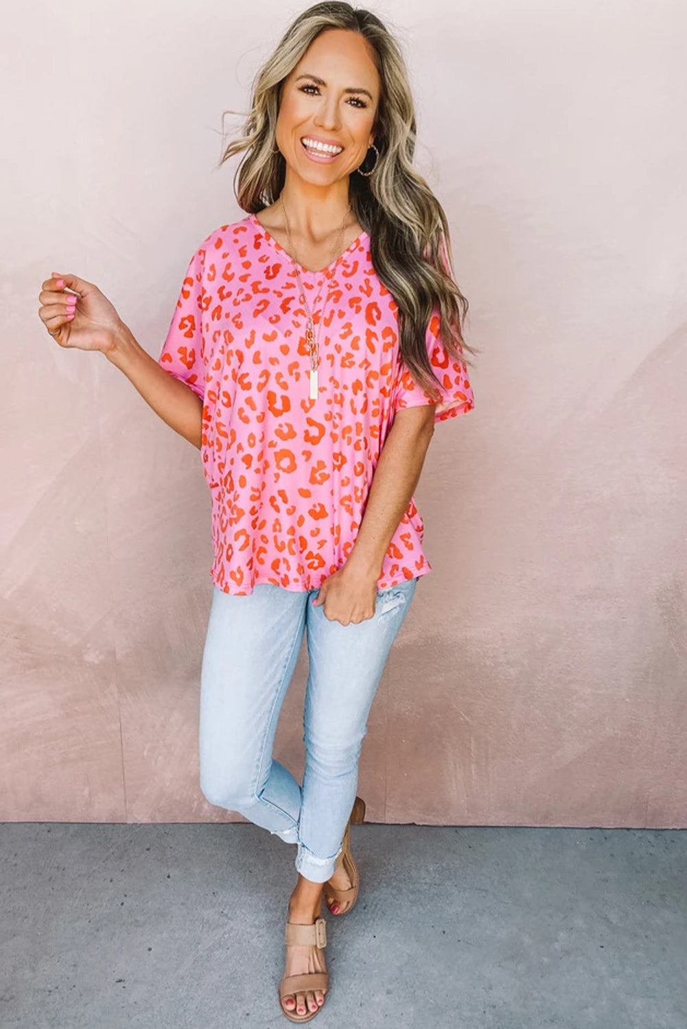 Rose Leopard V Neck Short Sleeve Top